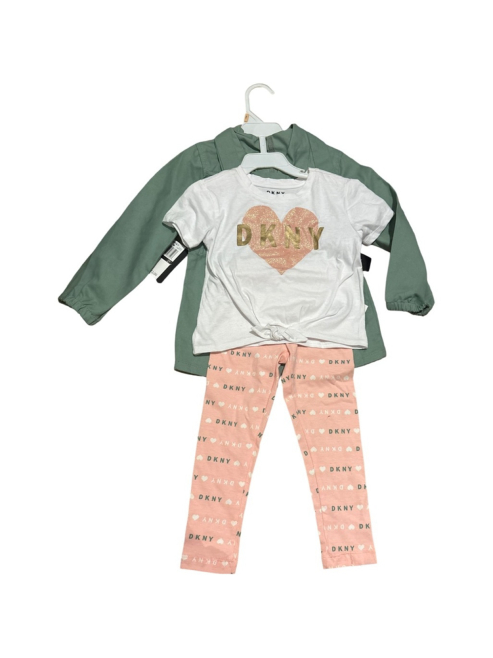 DKNY White Tee and Pink Leggings Set with Green Jacket